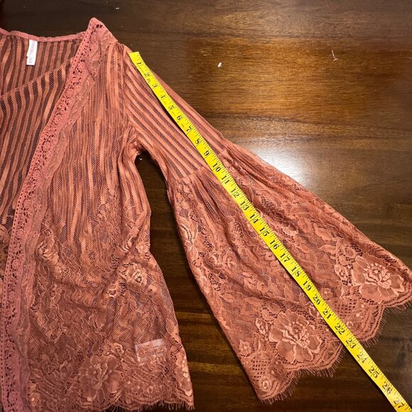 Sheer Pink Flare Sleeve Kimono Boho Flowy Whimsigoth Fairycore Lace Fringe XS - Picture 7 of 10